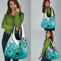 Turquoise Gradient Hawaii Grocery Bag Polynesian Shark Tattoo With Plumeria