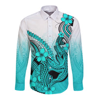 Hawaii Long Sleeve Button Shirt Polynesian Shark Tattoo With Plumeria Turquoise Gradient LT14 Unisex Turquoise - Polynesian Pride
