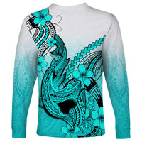 Hawaii Long Sleeve Shirt Polynesian Shark Tattoo With Plumeria Turquoise Gradient LT14 - Polynesian Pride