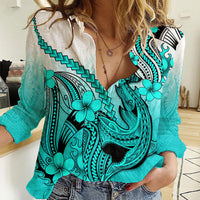 Hawaii Women Casual Shirt Polynesian Shark Tattoo With Plumeria Turquoise Gradient LT14 Female Turquoise - Polynesian Pride