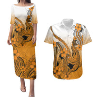 Hawaii Couples Matching Puletasi Dress and Hawaiian Shirt Polynesian Shark Tattoo With Plumeria Orange Gradient LT14 Orange - Polynesian Pride