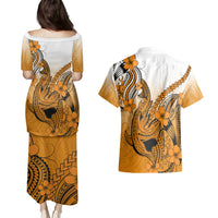 Hawaii Couples Matching Puletasi Dress and Hawaiian Shirt Polynesian Shark Tattoo With Plumeria Orange Gradient LT14 - Polynesian Pride