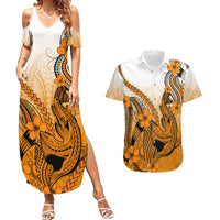 Hawaii Couples Matching Summer Maxi Dress and Hawaiian Shirt Polynesian Shark Tattoo With Plumeria Orange Gradient LT14 Orange - Polynesian Pride