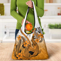 Orange Gradient Hawaii Grocery Bag Polynesian Shark Tattoo With Plumeria