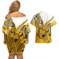 Hawaii Couples Matching Off Shoulder Short Dress and Hawaiian Shirt Polynesian Shark Tattoo With Plumeria Gold Gradient LT14 - Polynesian Pride