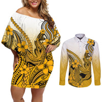 Hawaii Couples Matching Off Shoulder Short Dress and Long Sleeve Button Shirts Polynesian Shark Tattoo With Plumeria Gold Gradient LT14 Gold - Polynesian Pride