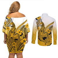 Hawaii Couples Matching Off Shoulder Short Dress and Long Sleeve Button Shirts Polynesian Shark Tattoo With Plumeria Gold Gradient LT14 - Polynesian Pride