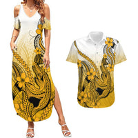 Hawaii Couples Matching Summer Maxi Dress and Hawaiian Shirt Polynesian Shark Tattoo With Plumeria Gold Gradient LT14 Gold - Polynesian Pride