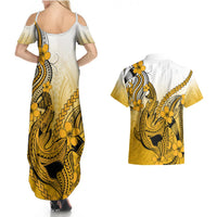 Hawaii Couples Matching Summer Maxi Dress and Hawaiian Shirt Polynesian Shark Tattoo With Plumeria Gold Gradient LT14 - Polynesian Pride