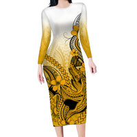 Hawaii Long Sleeve Bodycon Dress Polynesian Shark Tattoo With Plumeria Gold Gradient LT14 Long Dress Gold - Polynesian Pride