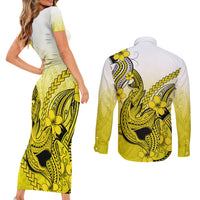 Hawaii Couples Matching Short Sleeve Bodycon Dress and Long Sleeve Button Shirts Polynesian Shark Tattoo With Plumeria Yellow Gradient LT14 - Polynesian Pride