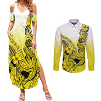 Hawaii Couples Matching Summer Maxi Dress and Long Sleeve Button Shirts Polynesian Shark Tattoo With Plumeria Yellow Gradient LT14 Yellow - Polynesian Pride