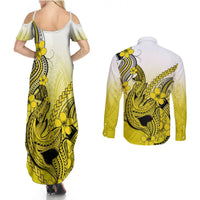 Hawaii Couples Matching Summer Maxi Dress and Long Sleeve Button Shirts Polynesian Shark Tattoo With Plumeria Yellow Gradient LT14 - Polynesian Pride