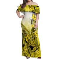 Hawaii Off Shoulder Maxi Dress Polynesian Shark Tattoo With Plumeria Yellow Gradient LT14 Women Yellow - Polynesian Pride