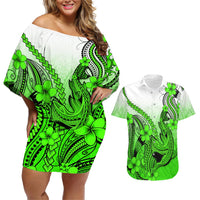 Hawaii Couples Matching Off Shoulder Short Dress and Hawaiian Shirt Polynesian Shark Tattoo With Plumeria Green Gradient LT14 Green - Polynesian Pride