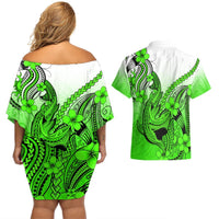 Hawaii Couples Matching Off Shoulder Short Dress and Hawaiian Shirt Polynesian Shark Tattoo With Plumeria Green Gradient LT14 - Polynesian Pride