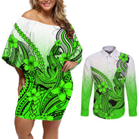 Hawaii Couples Matching Off Shoulder Short Dress and Long Sleeve Button Shirts Polynesian Shark Tattoo With Plumeria Green Gradient LT14 Green - Polynesian Pride
