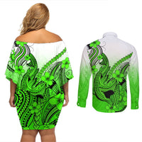 Hawaii Couples Matching Off Shoulder Short Dress and Long Sleeve Button Shirts Polynesian Shark Tattoo With Plumeria Green Gradient LT14 - Polynesian Pride