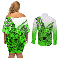 Hawaii Couples Matching Off Shoulder Short Dress and Long Sleeve Button Shirts Polynesian Shark Tattoo With Plumeria Green Gradient LT14 - Polynesian Pride