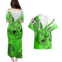 Hawaii Couples Matching Puletasi Dress and Hawaiian Shirt Polynesian Shark Tattoo With Plumeria Green Gradient LT14 - Polynesian Pride