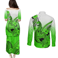 Hawaii Couples Matching Puletasi Dress and Long Sleeve Button Shirts Polynesian Shark Tattoo With Plumeria Green Gradient LT14 - Polynesian Pride