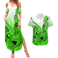 Hawaii Couples Matching Summer Maxi Dress and Hawaiian Shirt Polynesian Shark Tattoo With Plumeria Green Gradient LT14 Green - Polynesian Pride