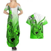 Hawaii Couples Matching Summer Maxi Dress and Hawaiian Shirt Polynesian Shark Tattoo With Plumeria Green Gradient LT14 - Polynesian Pride