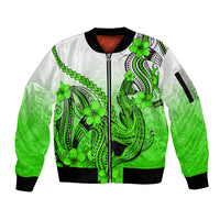Hawaii Sleeve Zip Bomber Jacket Polynesian Shark Tattoo With Plumeria Green Gradient LT14 Unisex Green - Polynesian Pride