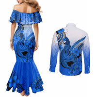 Hawaii Couples Matching Mermaid Dress and Long Sleeve Button Shirts Polynesian Shark Tattoo With Plumeria Blue Gradient LT14 - Polynesian Pride