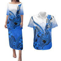 Hawaii Couples Matching Puletasi Dress and Hawaiian Shirt Polynesian Shark Tattoo With Plumeria Blue Gradient LT14 Blue - Polynesian Pride