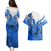 Hawaii Couples Matching Puletasi Dress and Hawaiian Shirt Polynesian Shark Tattoo With Plumeria Blue Gradient LT14 - Polynesian Pride