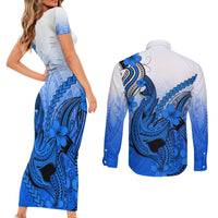 Hawaii Couples Matching Short Sleeve Bodycon Dress and Long Sleeve Button Shirts Polynesian Shark Tattoo With Plumeria Blue Gradient LT14 - Polynesian Pride
