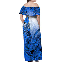 Hawaii Off Shoulder Maxi Dress Polynesian Shark Tattoo With Plumeria Blue Gradient LT14 - Polynesian Pride