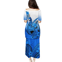 Hawaii Puletasi Polynesian Shark Tattoo With Plumeria Blue Gradient LT14 - Polynesian Pride