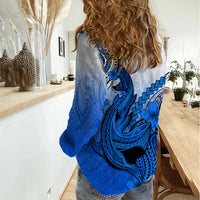 Hawaii Women Casual Shirt Polynesian Shark Tattoo With Plumeria Blue Gradient LT14 - Polynesian Pride