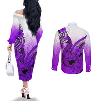 Hawaii Couples Matching Off The Shoulder Long Sleeve Dress and Long Sleeve Button Shirts Polynesian Shark Tattoo With Plumeria Purple Gradient LT14 - Polynesian Pride