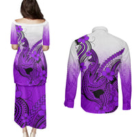Hawaii Couples Matching Puletasi Dress and Long Sleeve Button Shirts Polynesian Shark Tattoo With Plumeria Purple Gradient LT14 - Polynesian Pride