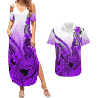Hawaii Couples Matching Summer Maxi Dress and Hawaiian Shirt Polynesian Shark Tattoo With Plumeria Purple Gradient LT14 Purple - Polynesian Pride