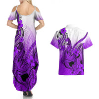 Hawaii Couples Matching Summer Maxi Dress and Hawaiian Shirt Polynesian Shark Tattoo With Plumeria Purple Gradient LT14 - Polynesian Pride