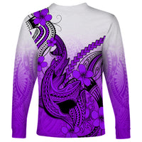 Hawaii Long Sleeve Shirt Polynesian Shark Tattoo With Plumeria Purple Gradient LT14 - Polynesian Pride