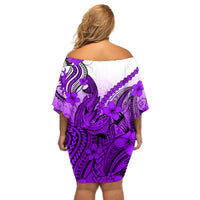 Hawaii Off Shoulder Short Dress Polynesian Shark Tattoo With Plumeria Purple Gradient LT14 - Polynesian Pride