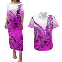 Hawaii Couples Matching Puletasi Dress and Hawaiian Shirt Polynesian Shark Tattoo With Plumeria Pink Gradient LT14 Pink - Polynesian Pride