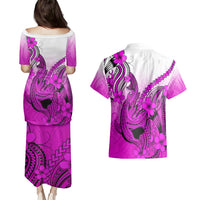Hawaii Couples Matching Puletasi Dress and Hawaiian Shirt Polynesian Shark Tattoo With Plumeria Pink Gradient LT14 - Polynesian Pride