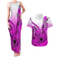 Hawaii Couples Matching Tank Maxi Dress And Hawaiian Shirt Polynesian Shark Tattoo With Plumeria Pink Gradient LT14 Pink - Polynesian Pride