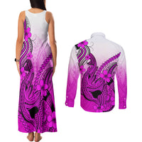 Hawaii Couples Matching Tank Maxi Dress and Long Sleeve Button Shirts Polynesian Shark Tattoo With Plumeria Pink Gradient LT14 - Polynesian Pride