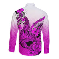 Hawaii Long Sleeve Button Shirt Polynesian Shark Tattoo With Plumeria Pink Gradient LT14 - Polynesian Pride