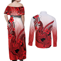 Hawaii Couples Matching Off Shoulder Maxi Dress and Long Sleeve Button Shirts Polynesian Shark Tattoo With Plumeria Red Gradient LT14 - Polynesian Pride