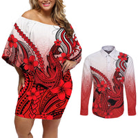 Hawaii Couples Matching Off Shoulder Short Dress and Long Sleeve Button Shirts Polynesian Shark Tattoo With Plumeria Red Gradient LT14 Red - Polynesian Pride