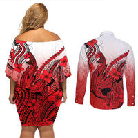 Hawaii Couples Matching Off Shoulder Short Dress and Long Sleeve Button Shirts Polynesian Shark Tattoo With Plumeria Red Gradient LT14 - Polynesian Pride