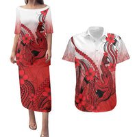 Hawaii Couples Matching Puletasi Dress and Hawaiian Shirt Polynesian Shark Tattoo With Plumeria Red Gradient LT14 Red - Polynesian Pride